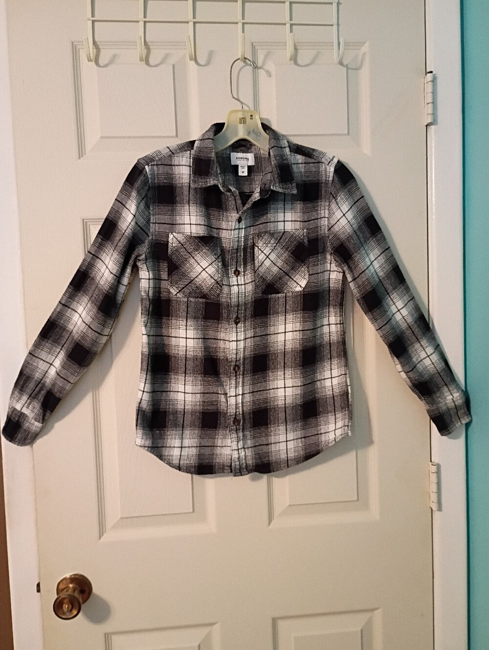 Sonoma Black White Plaid Flannel Shirt Women's Medium Long Sleeve